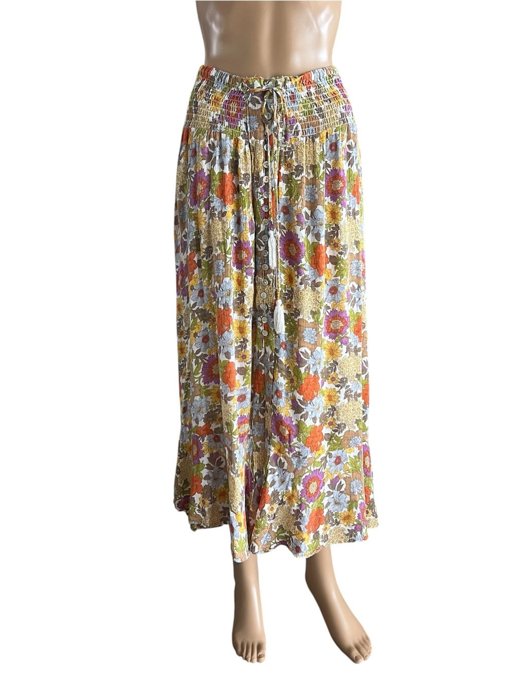 Rachel Zoe Smock Waist Bohemian Midi Peasant Skirt Retro Floral Flowy